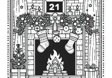 Kamin mit hängenden Strümpfen und Weihnachtsdeko – Adventskalender Ausmalbild kostenlos