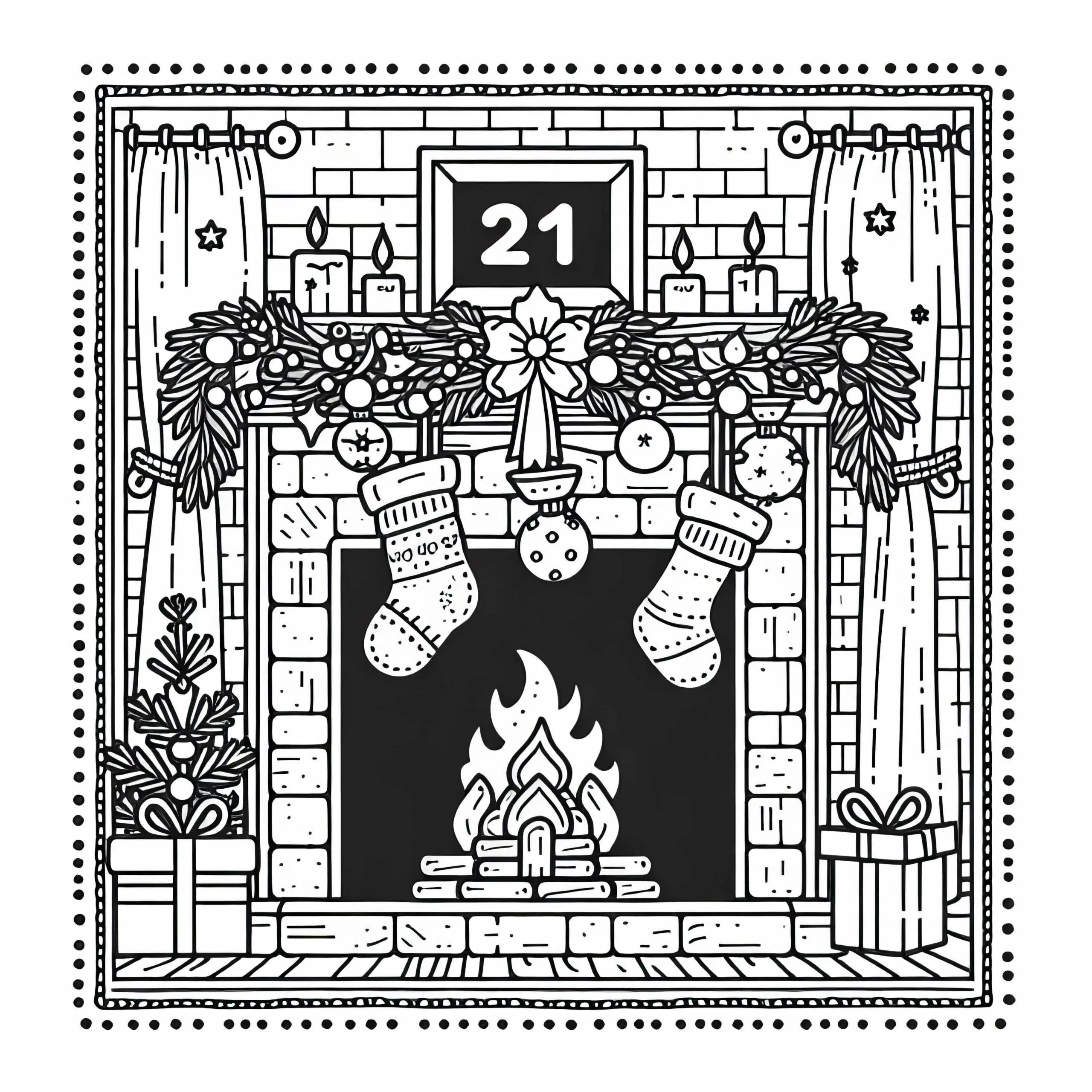 Kamin mit hängenden Strümpfen und Weihnachtsdeko – Adventskalender Ausmalbild kostenlos