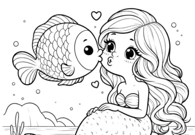 Meerjungfrau küsst Fisch: Niedliche Malvorlage (Gratis)