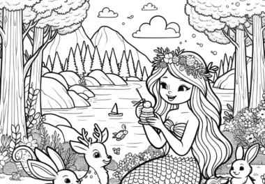 Meerjungfrau beim Picknick mit Hasen und Reh in Waldlandschaft: Ausmalbild kostenlos