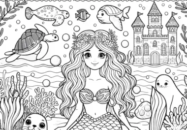 Meerjungfrau mit Robben am Strand und Schloss: Malvorlage zum Download (Gratis)