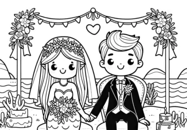 Meerjungfrau Hochzeit am Strand: Einfache Malvorlage (Gratis)