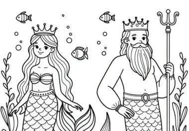 Meerjungfrau mit Poseidon – Gott des Meeres: Einfaches Ausmalbild (Gratis)