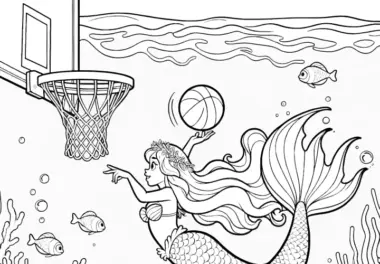 Meerjungfrau spielt Basketball: Bild zum Ausmalen (Kostenlos)