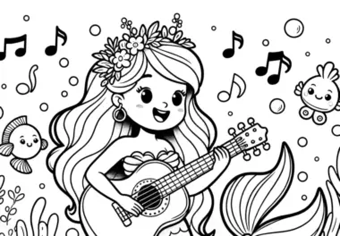 Meerjungfrau spielt Gitarre: Kostenloses Ausmalbild