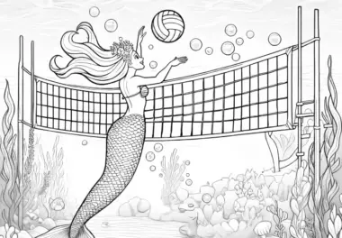 Meerjungfrau spielt Volleyball: Ausmalbild zum Download (Gratis)