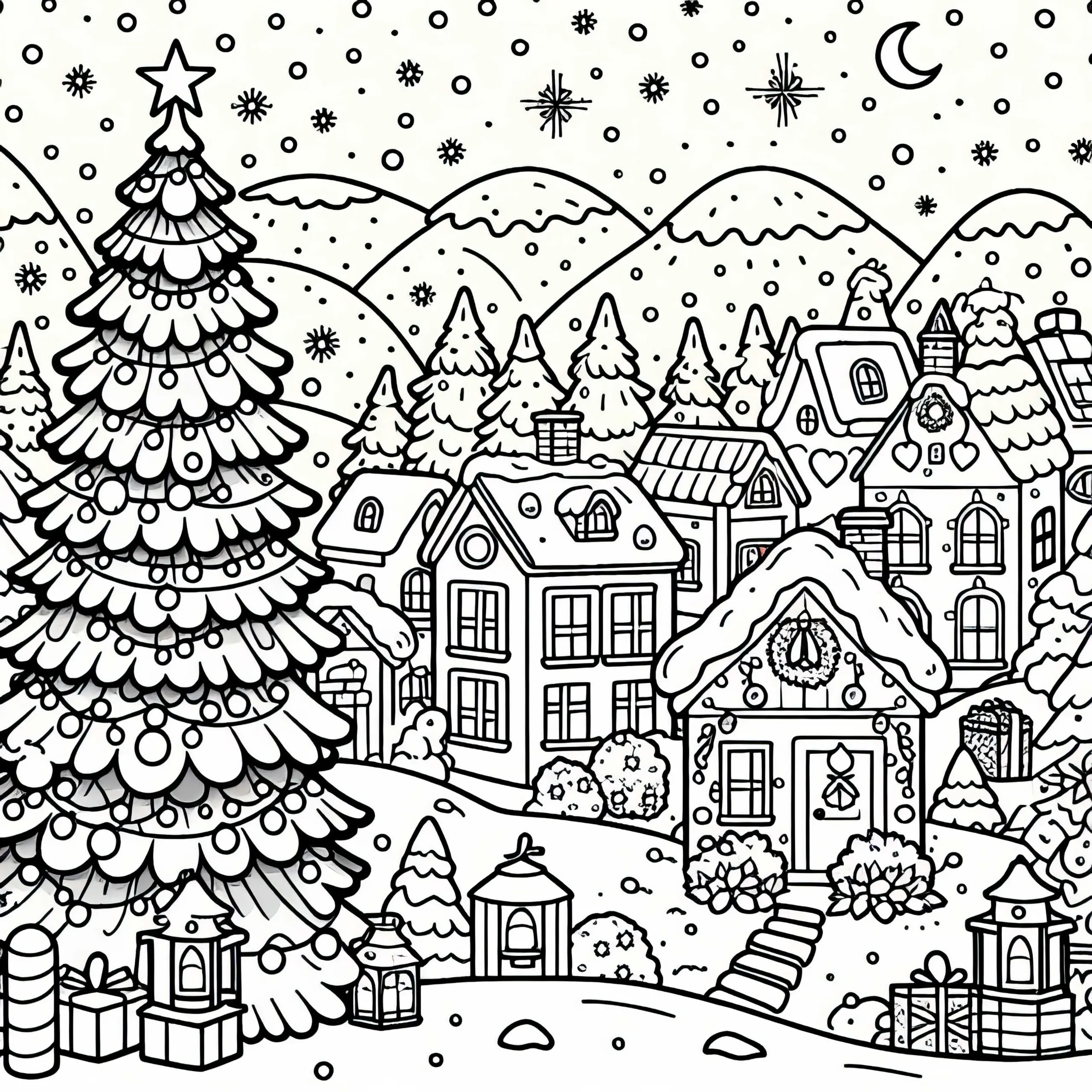 Weihnachtsdorf mit kleinen Häuschen – Ausmalbild für den 22. Dezember