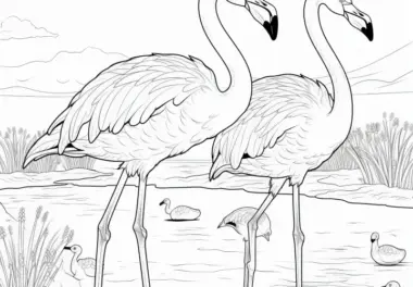 Zwei Flamingos stehen im Wasser: Malvorlage kostenlos zum Download