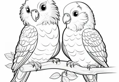 Zwei wunderschöne Vögel auf einem Ast: Malvorlage zum Download (Gratis)