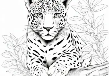 Aufmerksamer Leopard: Raubkatze in Lauerstellung (Ausmalbild kostenlos)