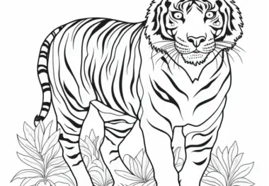 Ausmalbild Raubkatze: Tiger in der Natur mit Pflanzen (Kostenlos)