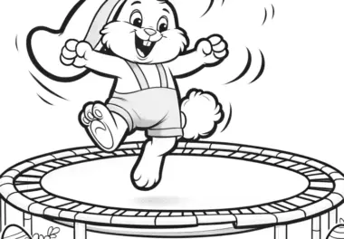 Fröhlicher Osterhase auf Trampolin: Osterbild zum Ausmalen (Gratis)