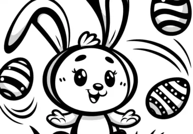 Kleiner Osterhase jongliert Ostereier: Malvorlage zum Download (Kostenlos)