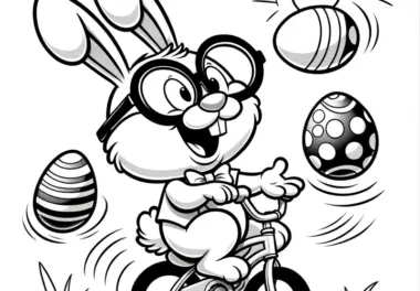 Lachender Osterhase auf Fahrrad: Ausmalbild mit Ostereiern zum Herunterladen (Gratis)
