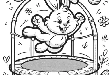 Osterhase mit Ostereier auf Trampolin: Einfache Malvorlage zum Herunterladen (Gratis)