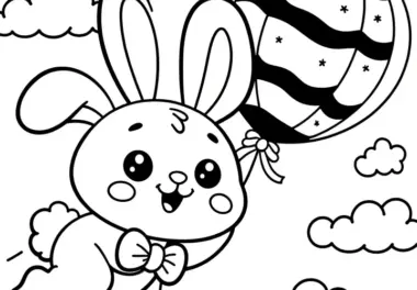 Lachender Osterhase fliegt mit Luftballon: Osterbild zum Ausmalen (Kostenlos)