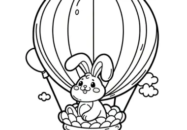 Osterhase im Heißluftballon mit Eiern: Einfache Malvorlage für Kinder (Gratis)