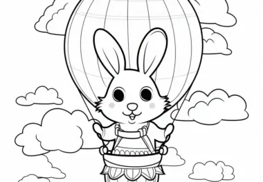 Osterhase mit großen Augen im Heißluftballon: Einfache Malvorlage (Kostenlos)