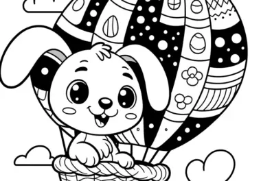 Osterhase mit Schlappohren im Heißluftballon: Ausmalbild zum Download (Gratis)