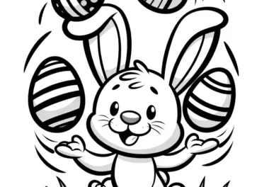 Osterhase jongliert Ostereier auf Wiese: Bild zum Ausmalen (Gratis)