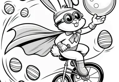 Osterhase als Superheld zeigt Kunststück auf Fahrrad: Malvorlage mit Ostereiern (Kostenlos)