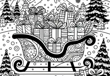 Schlitten mit Geschenken auf dem Weg durch den Schnee – Adventskalender Ausmalbild kostenlos