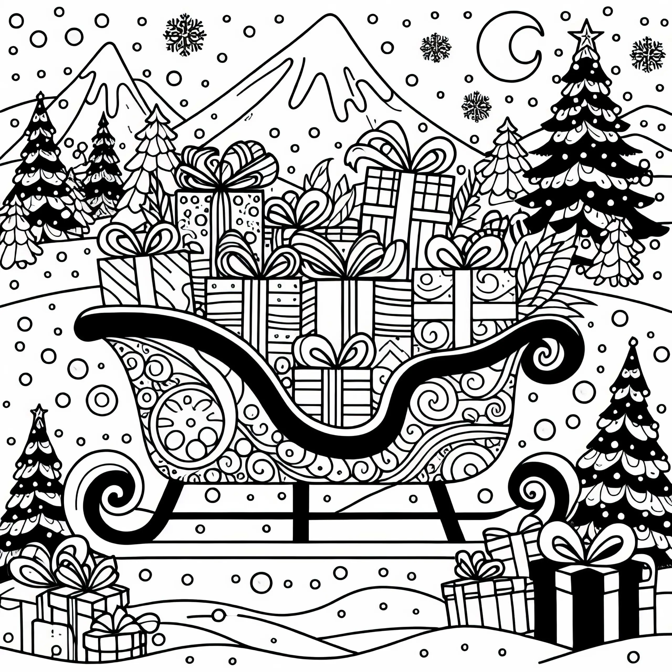 Schlitten mit Geschenken auf dem Weg durch den Schnee – Adventskalender Ausmalbild kostenlos