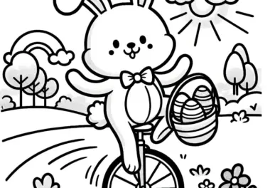 Fröhlicher Osterhase auf Einrad in Landschaft: Einfache Malvorlage für Kinder (Kostenlos)