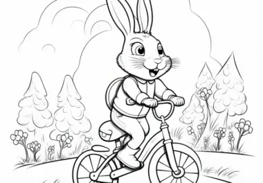 Osterhase auf Fahrrad in Baumlandschaft: Malvorlage zum Download (Gratis)