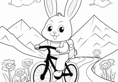 Osterhase auf Fahrrad mit Rucksack: Ausmalbild mit Berglandschaft (Kostenlos)