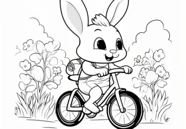 Lachender Osterhase auf Fahrrad zwischen Blumen: Ausmalbild gratis zum Herunterladen