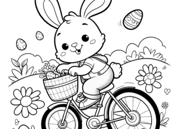 Osterhase mit Fahrrad auf Blumenwiese: Ausmalbild zum Download (Gratis)