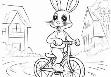 Osterhase mit Fahrrad im Dorf unterwegs: Malvorlage zum Herunterladen (Kostenlos)