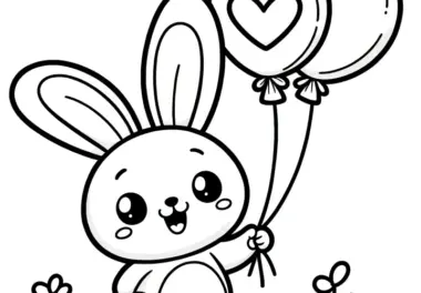 Osterhase mit zwei Herzluftballons auf einer Wiese: Gratis Malvorlage