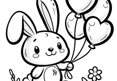 Drolliger Osterhase mit 4 Herzluftballons: Bild zum Ausmalen (Kostenlos)