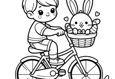 Kind mit Osterhase im Fahrradkorb: Niedliche Malvorlage zum Download (Gratis)