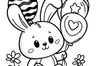 Glücklicher Osterhase mit Luftballons auf Blumenwiese: Einfaches Ausmalbild (Kostenlos)