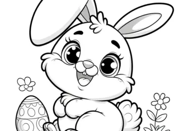 Lachender Osterhase mit Knickohr und Osterei: Einfache Malvorlage (Gratis)