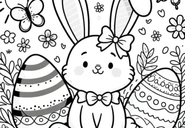 Osterhase mit Schmetterlingen und Ostereiern als Malvorlage (Kostenlos)