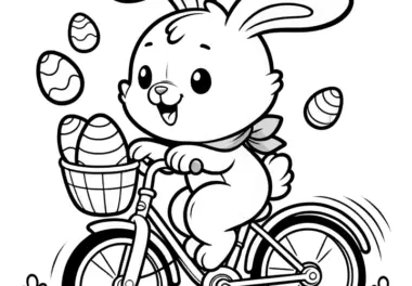 Osterhase verliert beim Fahrradfahren Ostereier: Ausmalbild zum Herunterladen (Gratis)