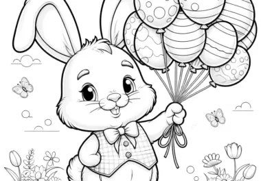 Osterhase mit Weste und Luftballons: Kostenloses Ausmalbild für Kinder