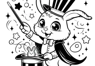 Fröhlicher Osterhase zaubert Hasen aus Hut: Malvorlage herunterladen (Gratis)