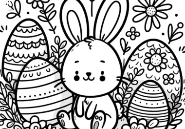 Kleiner Osterhase zwischen Ostereiern auf Blumenwiese: Niedliches Bild zum Ausmalen (Gratis)