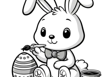 Niedlicher Osterhase als Kuscheltier bemalt Osterei: Ausmalbild kostenlos