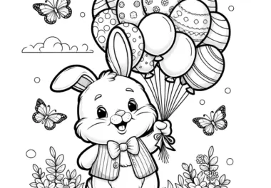Schicker Osterhase mit Luftballons und Schmetterlingen: Malvorlage zum Download (Kostenlos)