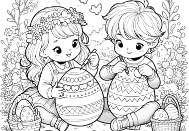 Junge und Mädchen bemalen Ostereier auf Blumenwiese: Bild zum Download (Gratis)