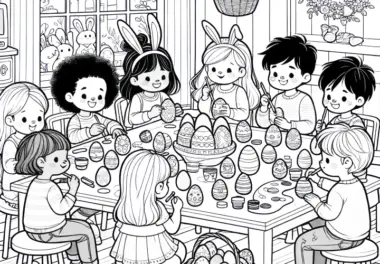 Kinder beim Ausmalen von Ostereiern am Tisch: Malvorlage zum Herunterladen (Gratis)