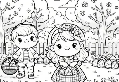 Zwei Kinder beim Ostereier suchen im Garten: Malvorlage zum Ausdrucken (Gratis)