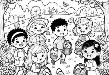 Sechs Kinder suchen Ostereier im Park: Ausmalbild kostenlos