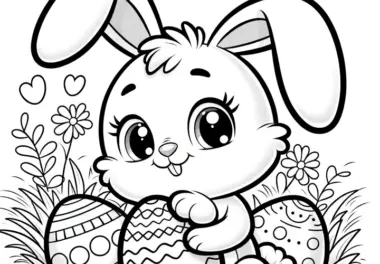 Süßer Osterhase mit großen Augen auf Blumenwiese: Malvorlage mit Ostereiern (Gratis)
